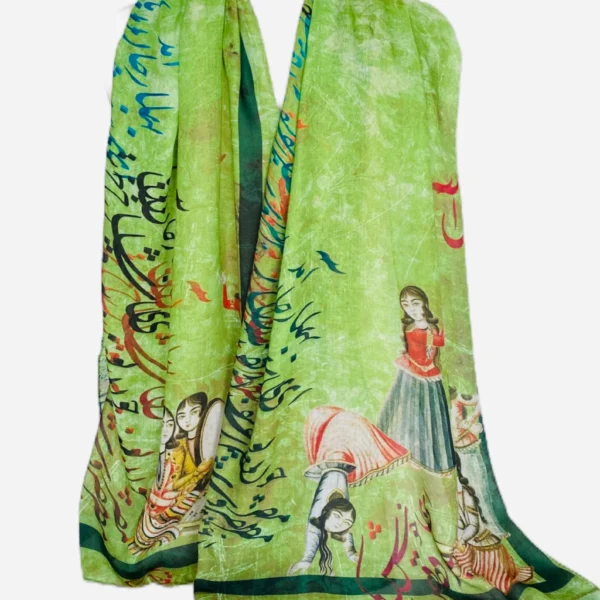 Spring Came Rumi Persian Nastaligh Poem Calligraphy Green Shawl Scarf Handkerchief Hijab With Qajar figures