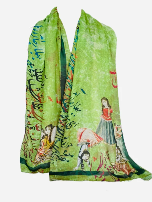 Spring Came Rumi Persian Nastaligh Poem Calligraphy Green Shawl Scarf Handkerchief Hijab With Qajar figures
