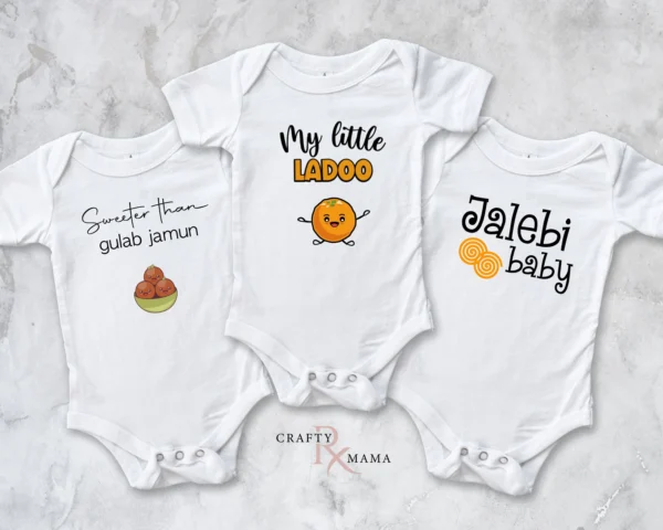 Mithai Bodysuit bundle set | Jalebi Baby, Little Ladoo and Sweeter than Gulab Jamun | Desi foods