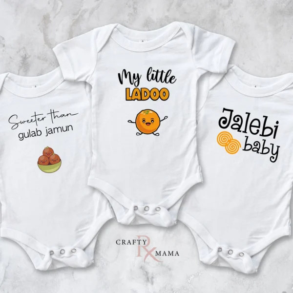 Mithai Bodysuit bundle set | Jalebi Baby, Little Ladoo and Sweeter than Gulab Jamun | Desi foods