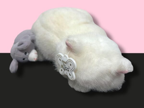 Vintage Russ Caress Soft Pet White Cat with Mouse holding a Red Flower. Probably from the 90's. Cute one! Still has its tag on an ear.