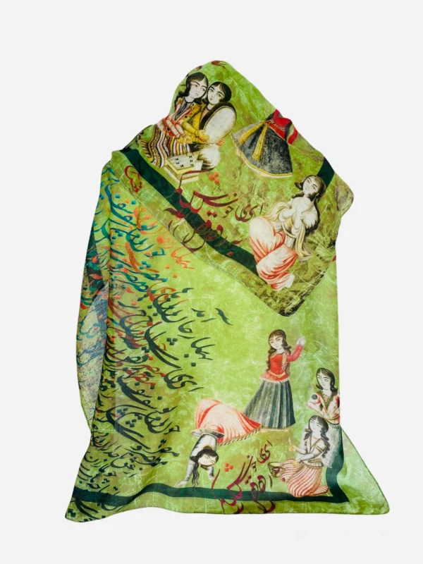 Spring Came Rumi Persian Nastaligh Poem Calligraphy Green Shawl Scarf Handkerchief Hijab With Qajar figures