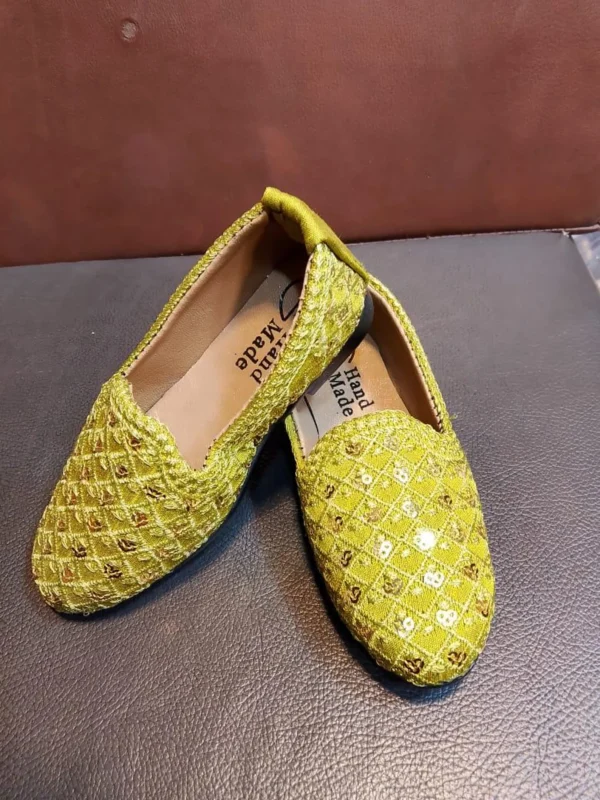 Handmade Boys Khussa Shoes – Traditional Embroidered Jutti – Golden Green Ethnic Flats – Indian/Pakistani Wedding – Kids Festive Shoes