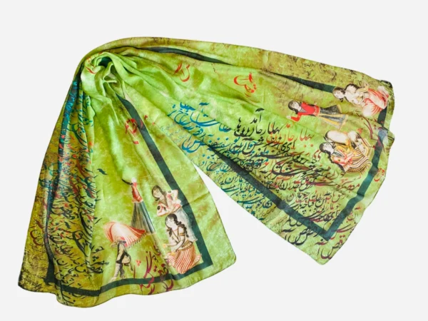 Spring Came Rumi Persian Nastaligh Poem Calligraphy Green Shawl Scarf Handkerchief Hijab With Qajar figures