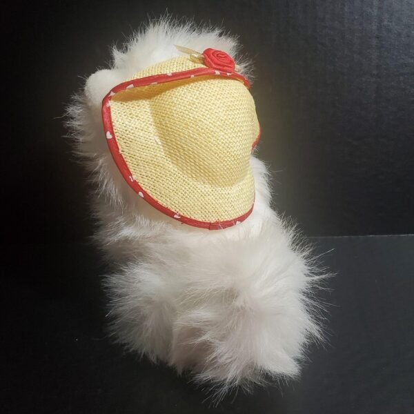 Vintage Walmart Persian White Cat 9" Plush Wearing Straw Hat Red Satin Neck Bow
