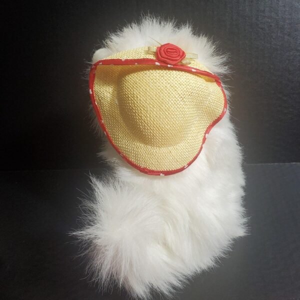 Vintage Walmart Persian White Cat 9" Plush Wearing Straw Hat Red Satin Neck Bow