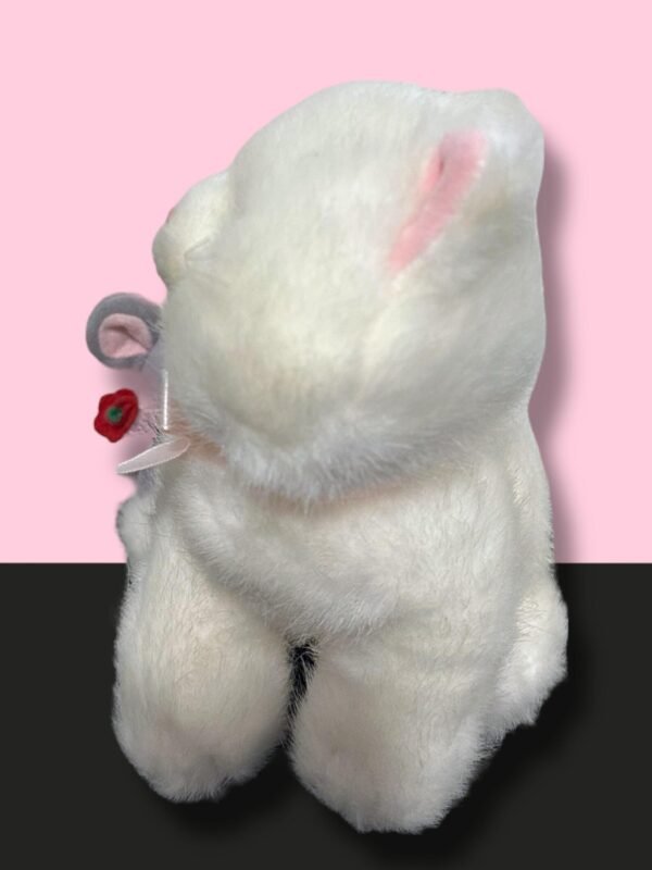 Vintage Russ Caress Soft Pet White Cat with Mouse holding a Red Flower. Probably from the 90's. Cute one! Still has its tag on an ear.